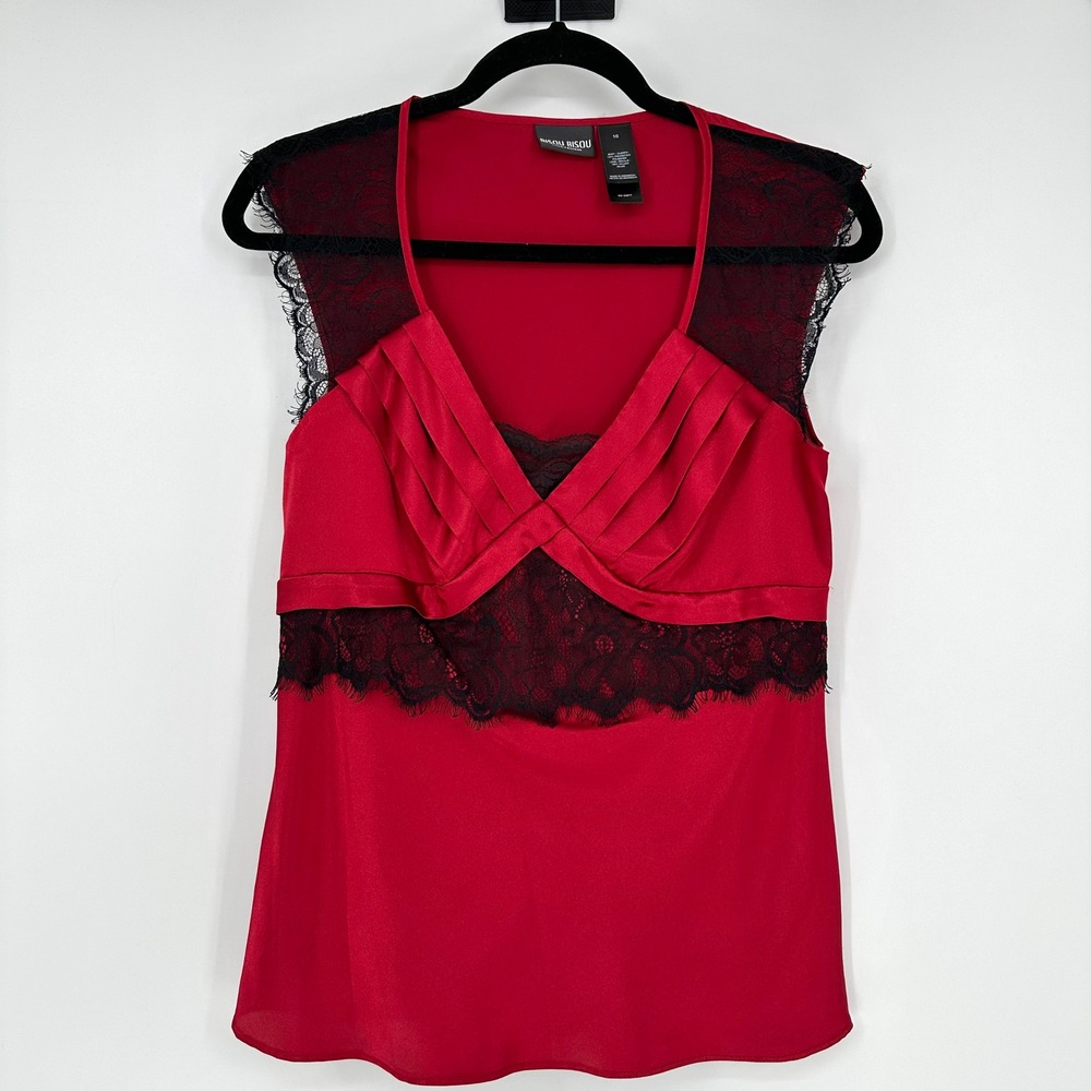 Y2K Bisou Bisou Red Satin Black Lace V Neck Blouse Top Sexy Going Out Date 10